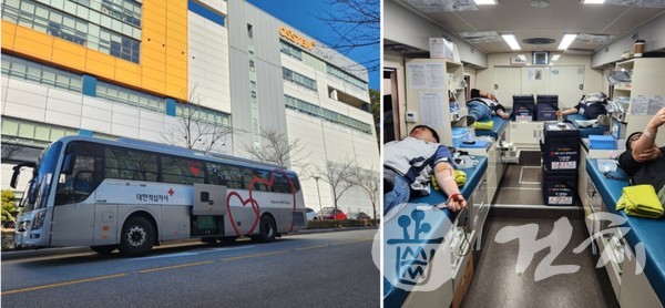 적십자사 헌혈버스가 오렌지타워를 찾은 가운데 오스템 부산 생산총괄본부 임직원들이 단체헌혈에 나서고 있다.